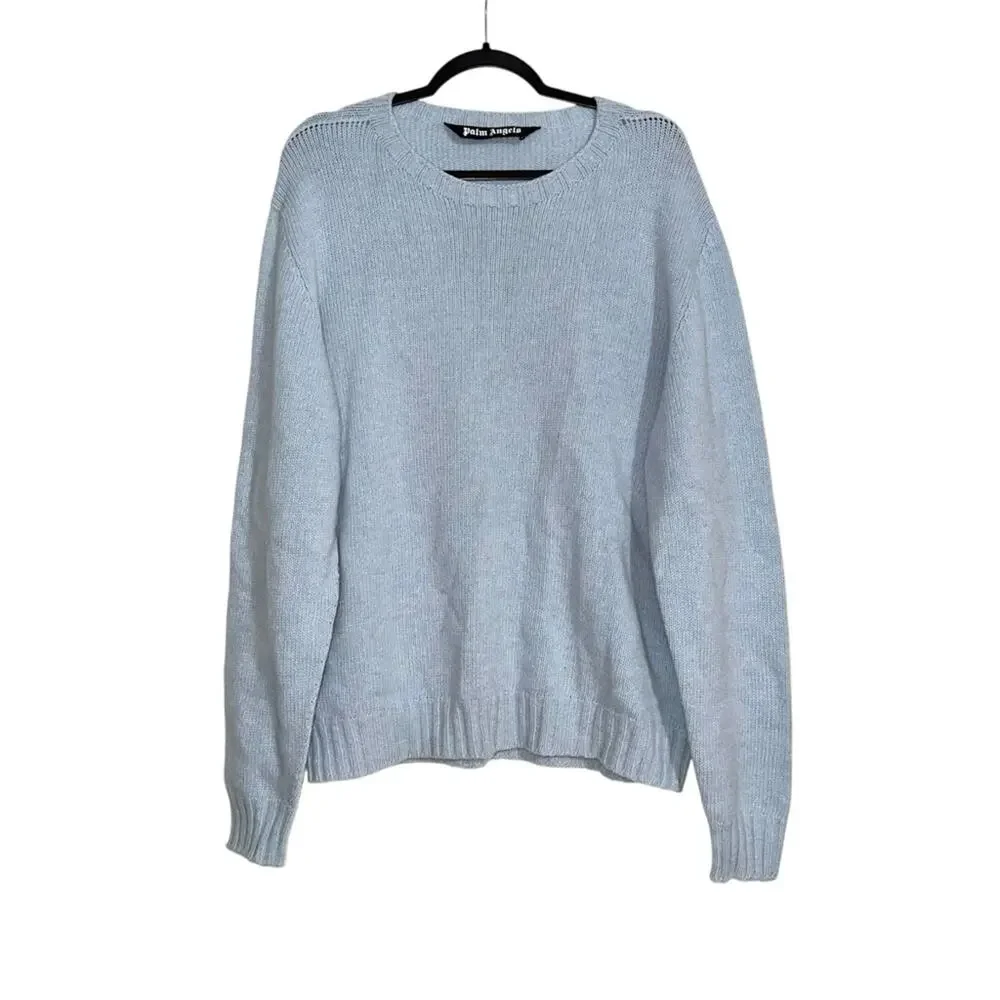 Palm Angels Curved Logo Wool Blend Light Blue Knit Sweater XL